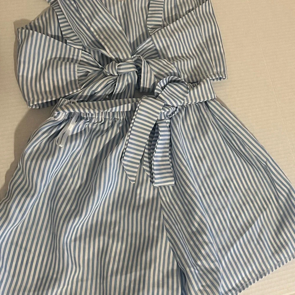Seersucker Striped Blue High Waist Women Shorts set tie back top